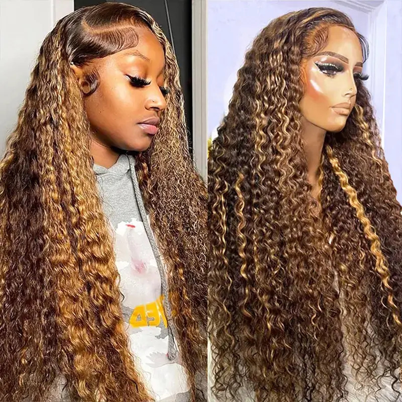 13X6 Curly Wigs Glueless Honey Blonde Water Front Highlight Deep Wave Frontal 6X4 HD Lace Closure Wig