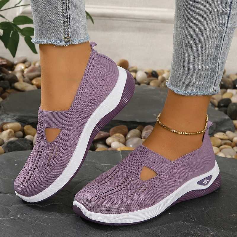Purple breathable knitted womens sports shoes 2024 hollow thick soled walking shoes womens casual sports shoes Y241007