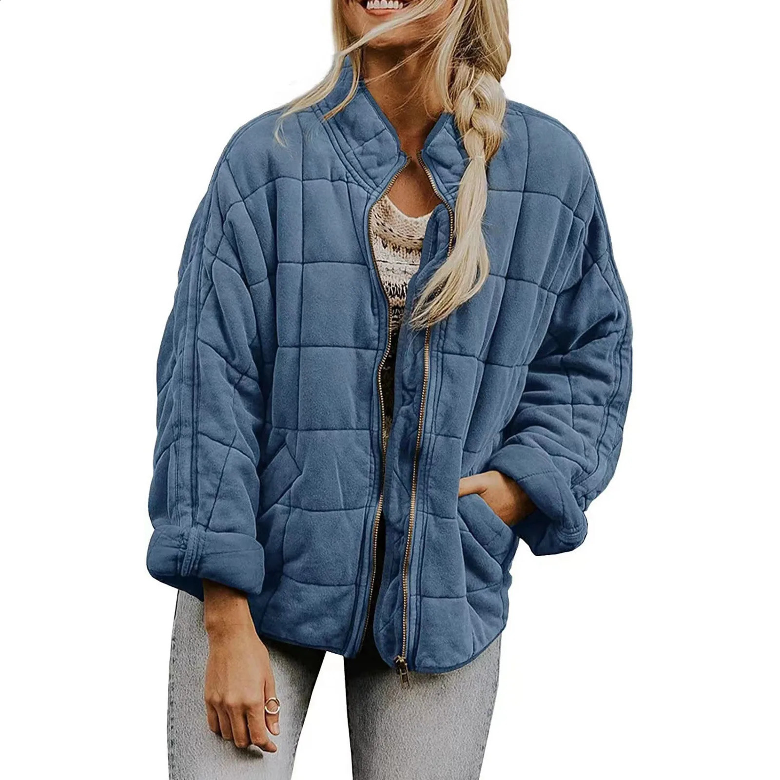 Women Casual Cotton Jacket Solid Color Loose Zipper With Pocket Autumn Winter Warm Coat Fashion High Street Outerwear 241007