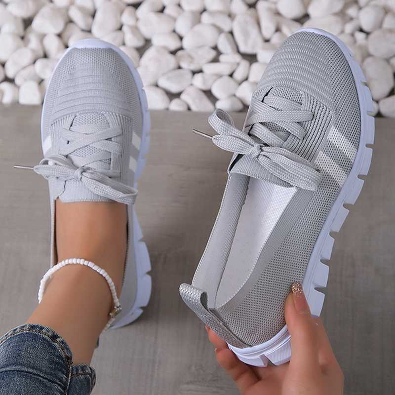 Mesh knit striped flat shoes for women 2024 summer lace up casual sports shoes for women breathable soft sole Loafers Plus size 43 Y241007