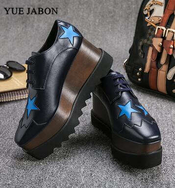 Stars Loafer Square Toe Lace-Up Thick Bottom Platform Wedge For Women Causal Sneakers Real Leather Shoes 2024