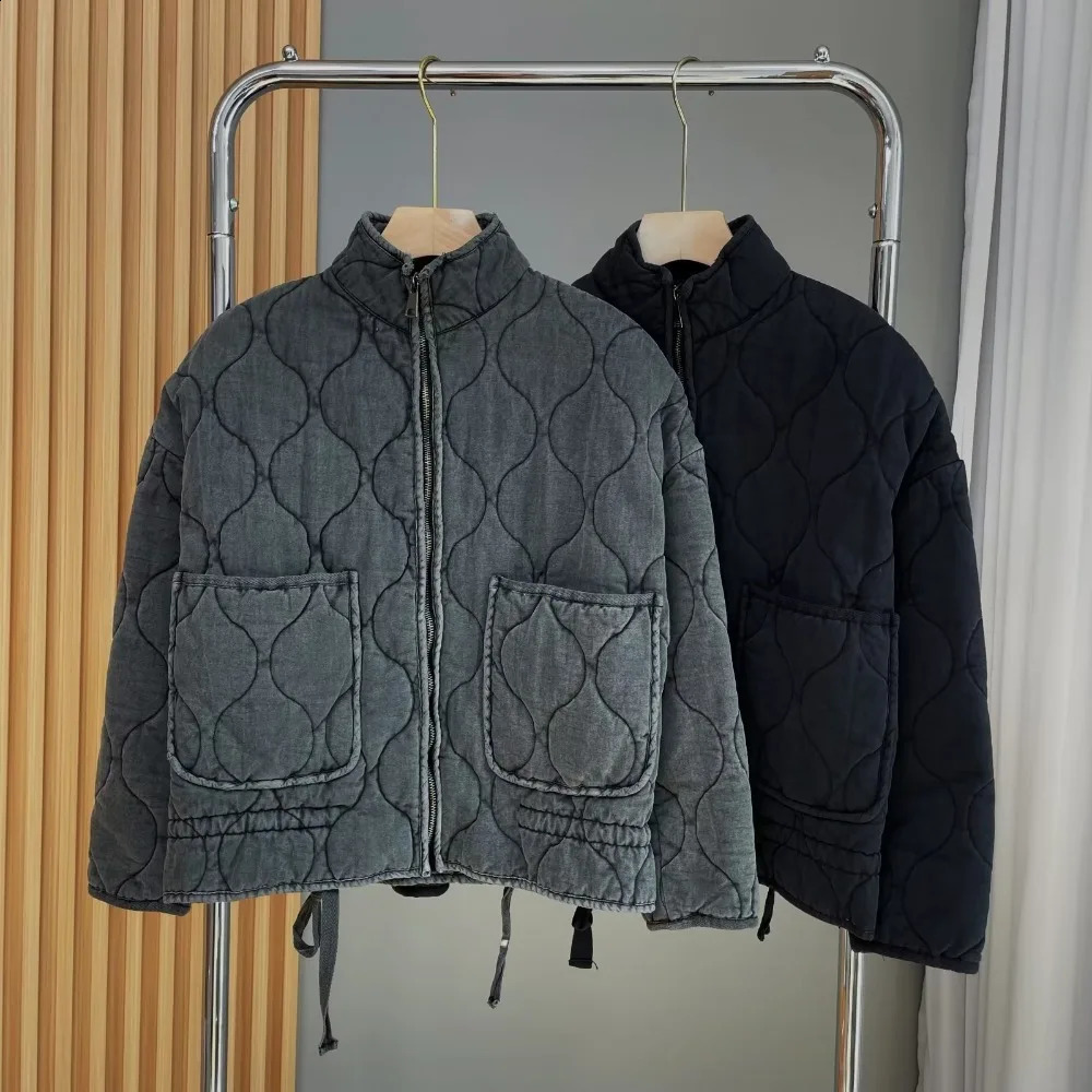 Womens Cotton Coat 2024 Winter Fashion Pocket Drawstring Warm Vintage Long Sleeve Zipper Female Outerwear Tops Jacket 241007