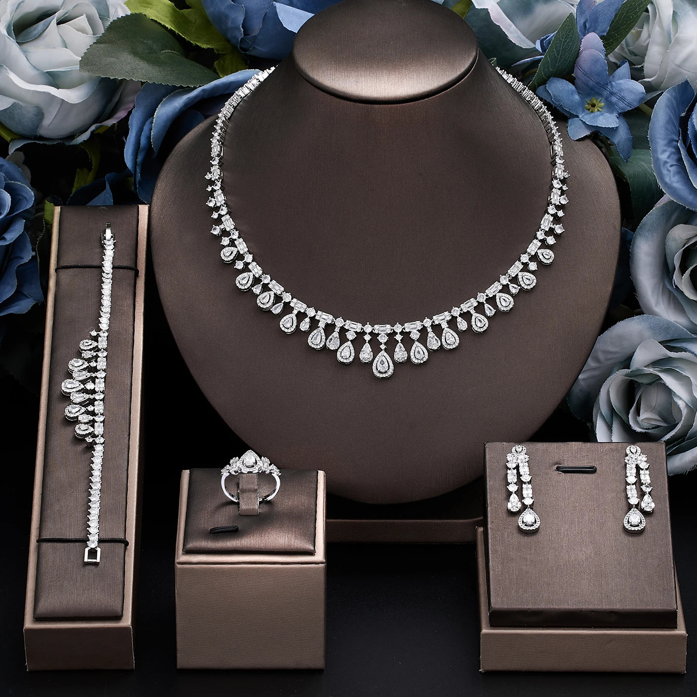 2024 4-piece Ring Cubic Zirconia Bridal Dubai Nigeria Crystal Wedding Jewelry Set 241007 Z260313