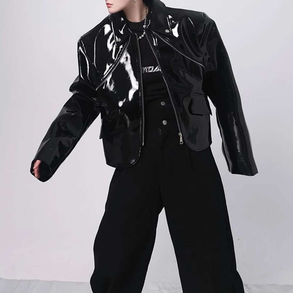 Mens Shiny Handsome Performance Stage Outfit Autumn Elegant British Eent Patent Leather Jacket