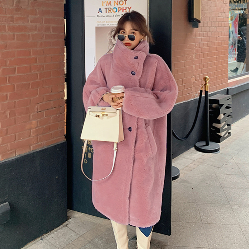 Turtleneck Long Faux Women Winter Teddy Fluffy Female Double Breasted Pink Plush Fur Coat Dropped Sleeves Jacket