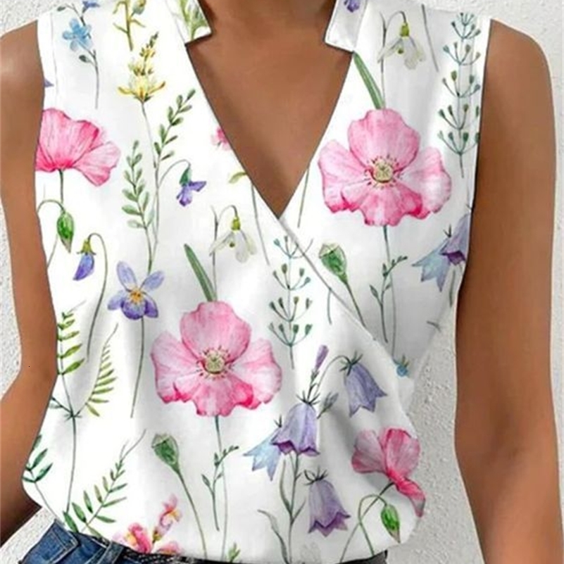 Fashion Vneck Sleeveless Print Women Tops And Blouses 2023 Summer Casual White Tank Top Femme Shirt Blouse y240930