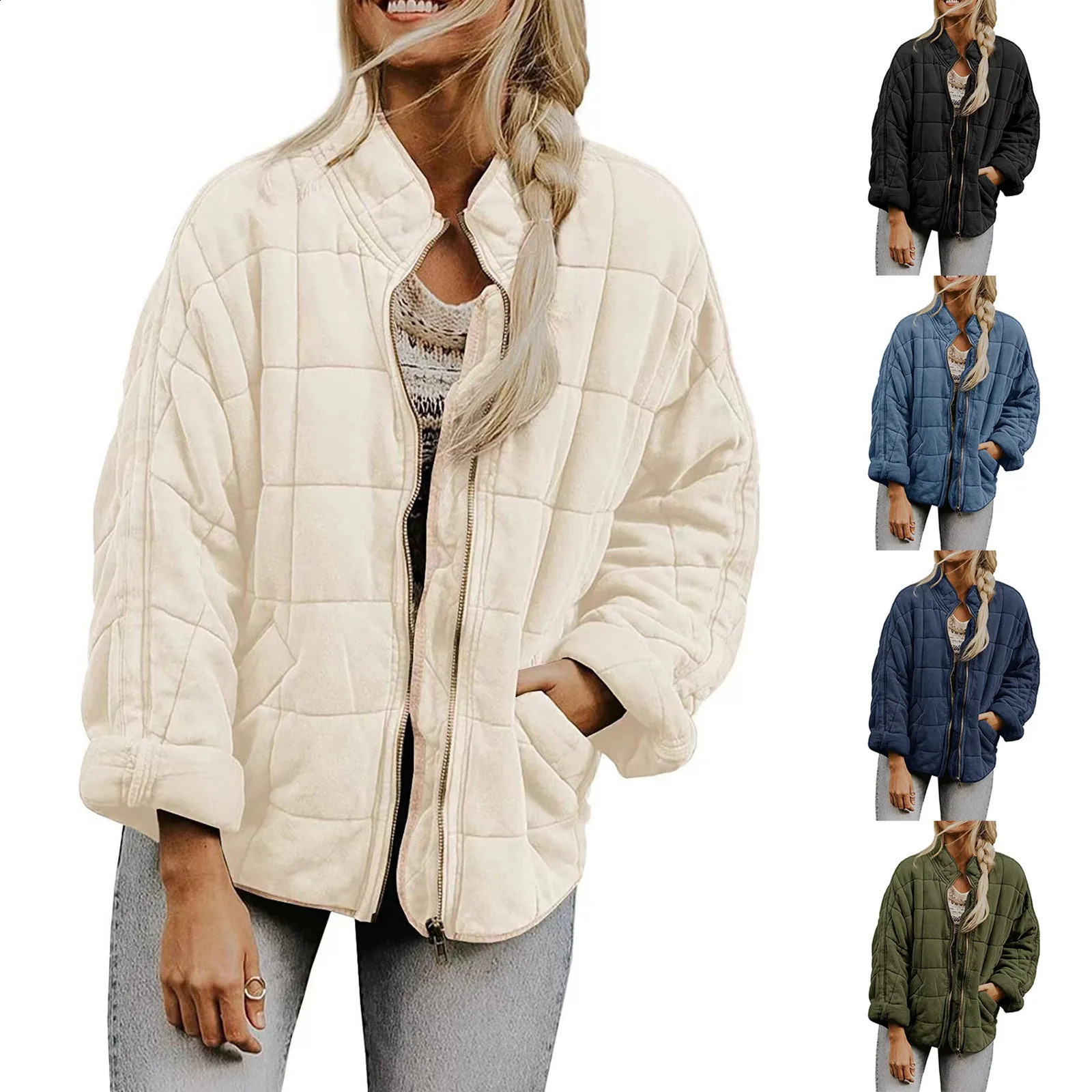 Women Casual Cotton Jacket Solid Color Loose Zipper With Pocket Autumn Winter Warm Coat Fashion High Street Outerwear 241007