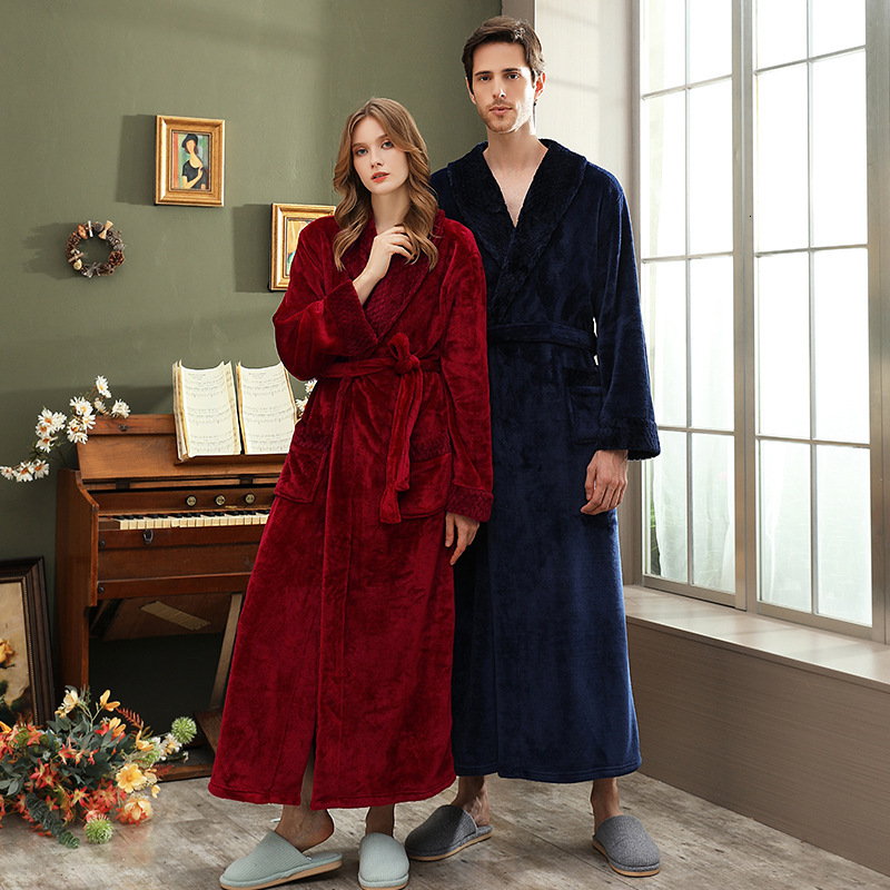 Designer's Winter Sleeping Flannel Couple Nightgown, Thickened Lengthened Men's Plus Size Bathrobe, Long And Simple Sleepwear For Women