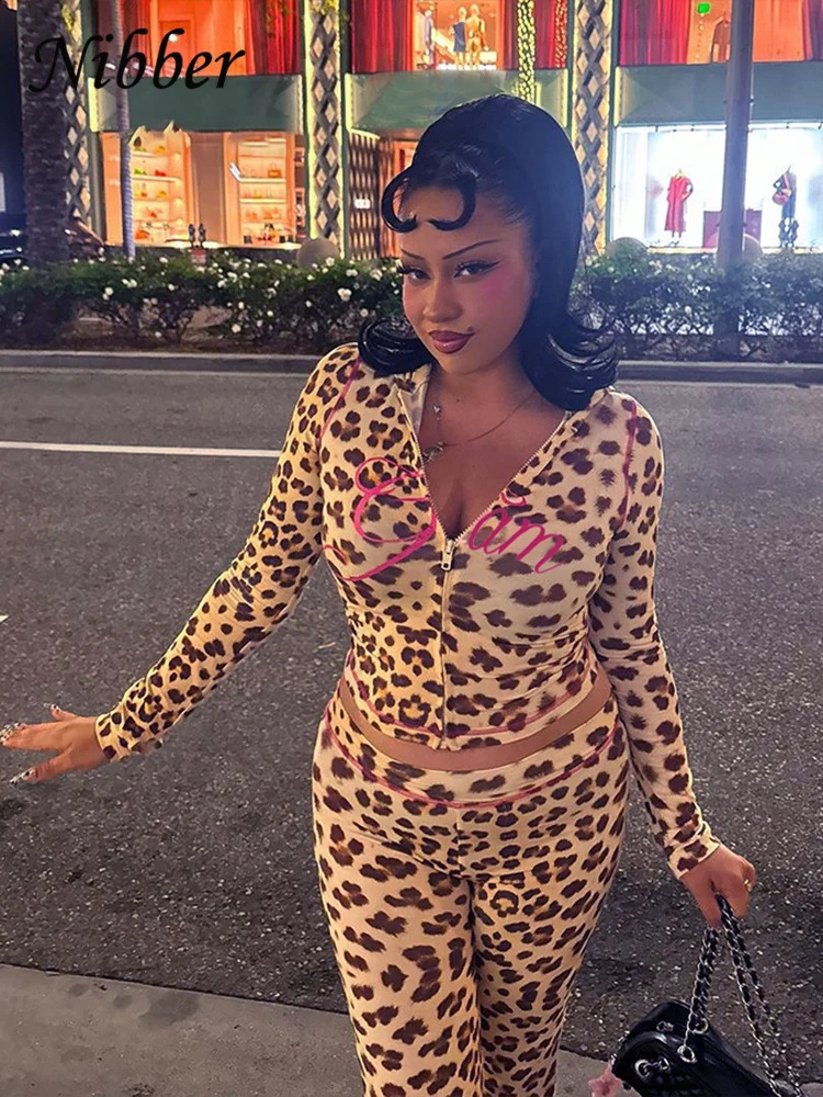 Nibber Leopard Print 2-piece womens autumn track and field outfit hooded crop jacketglitter pants elastic matching set 241007