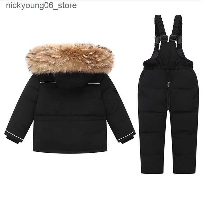 Sets/Suits 2024 New Winter Children Girl Ski Suit Real Fur Warm Down Jacket Coat + Overalls Suit For 1-5 Years Girls Kid Baby Girl Snowsuit L240910