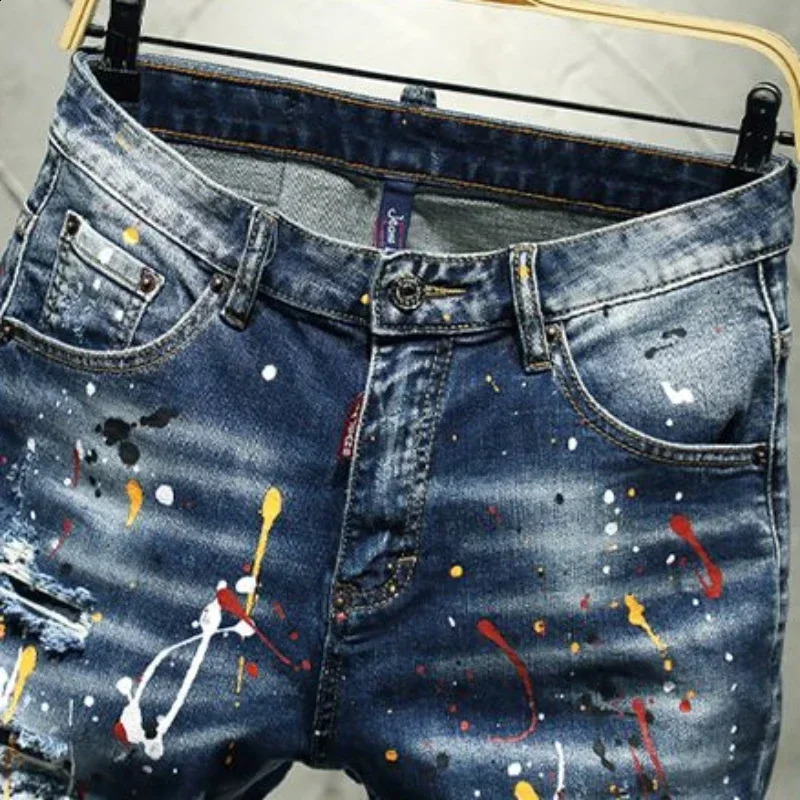 Mens short jeans with open collar and multi-color printed mens denim shorts denim retro button Korean fashion thin Xxxl for sale 241007