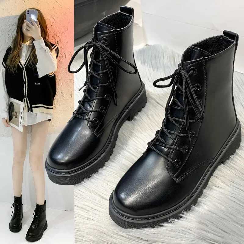 New Womens Black Fi Ankle Boots Female Combat Square Heel Garden Lace-up Boots Autumn Woman Leather Pu Casual ShoesXJ250217