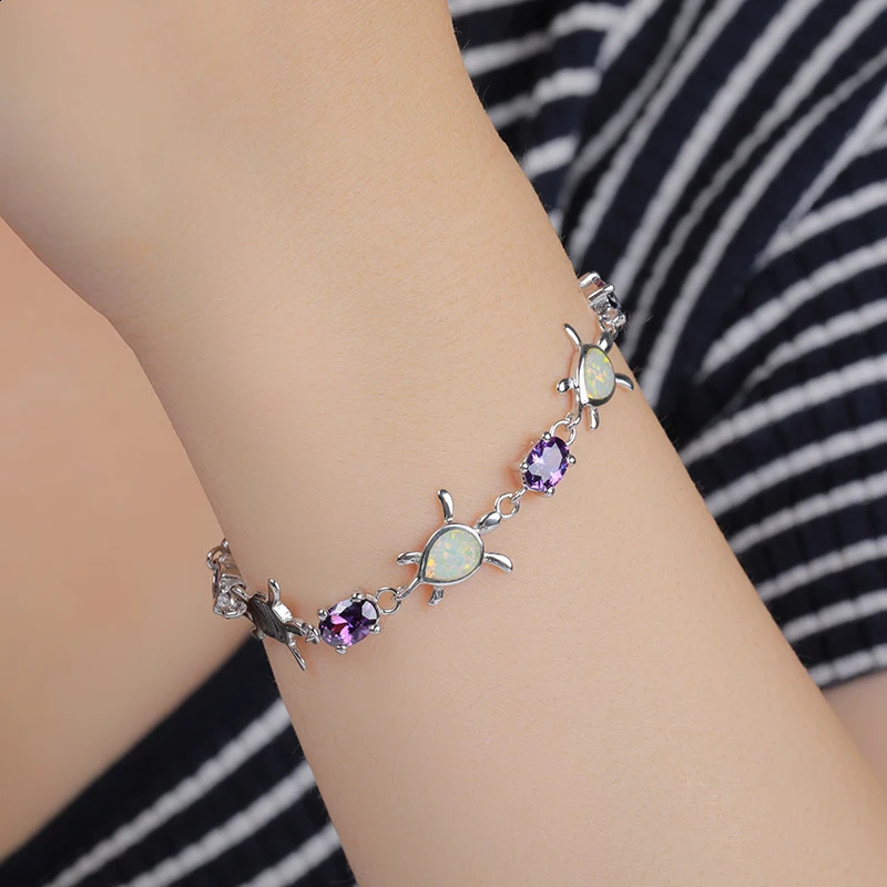 MYOP 925 Silver Gift Artificial White Opel Pear shaped Sea Turtle Bracelet Purple Denier Zircon Lobster Buckle Wedding Charm Party Fashion 240929