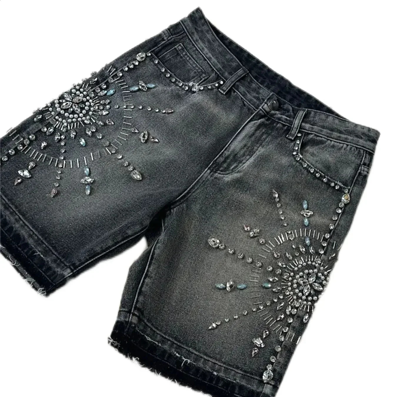 American retro style diamond inlaid black denim shorts slim suitable for wide feet Y2K denim shorts sport shorts street 241007