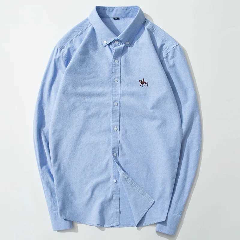 2024 Mens Long Sleeve Dress Shirt Mens Pure Cotton Oxford Embroidered Horse Casual Without Pocket Solid Shirt Plus Size X250125
