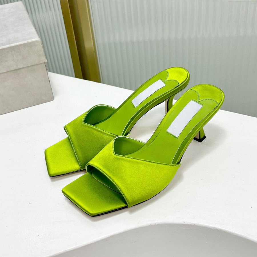Top quality Metallic green purple minimalism silk Kitten heels mules slippers sandal 6.5cm oepn toes leather slides Luxury designer heels Evening shoes Office shoes