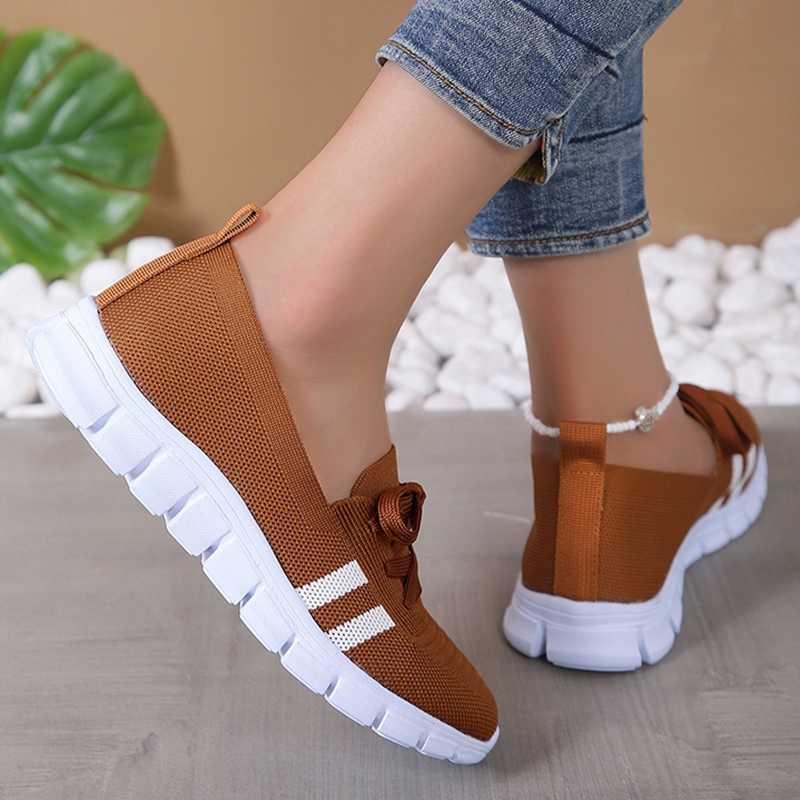 Mesh knit striped flat shoes for women 2024 summer lace up casual sports shoes for women breathable soft sole Loafers Plus size 43 Y241007