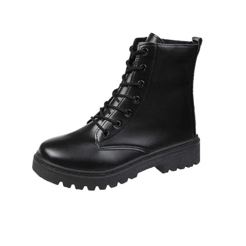 New Womens Black Fi Ankle Boots Female Combat Square Heel Garden Lace-up Boots Autumn Woman Leather Pu Casual ShoesXJ250217