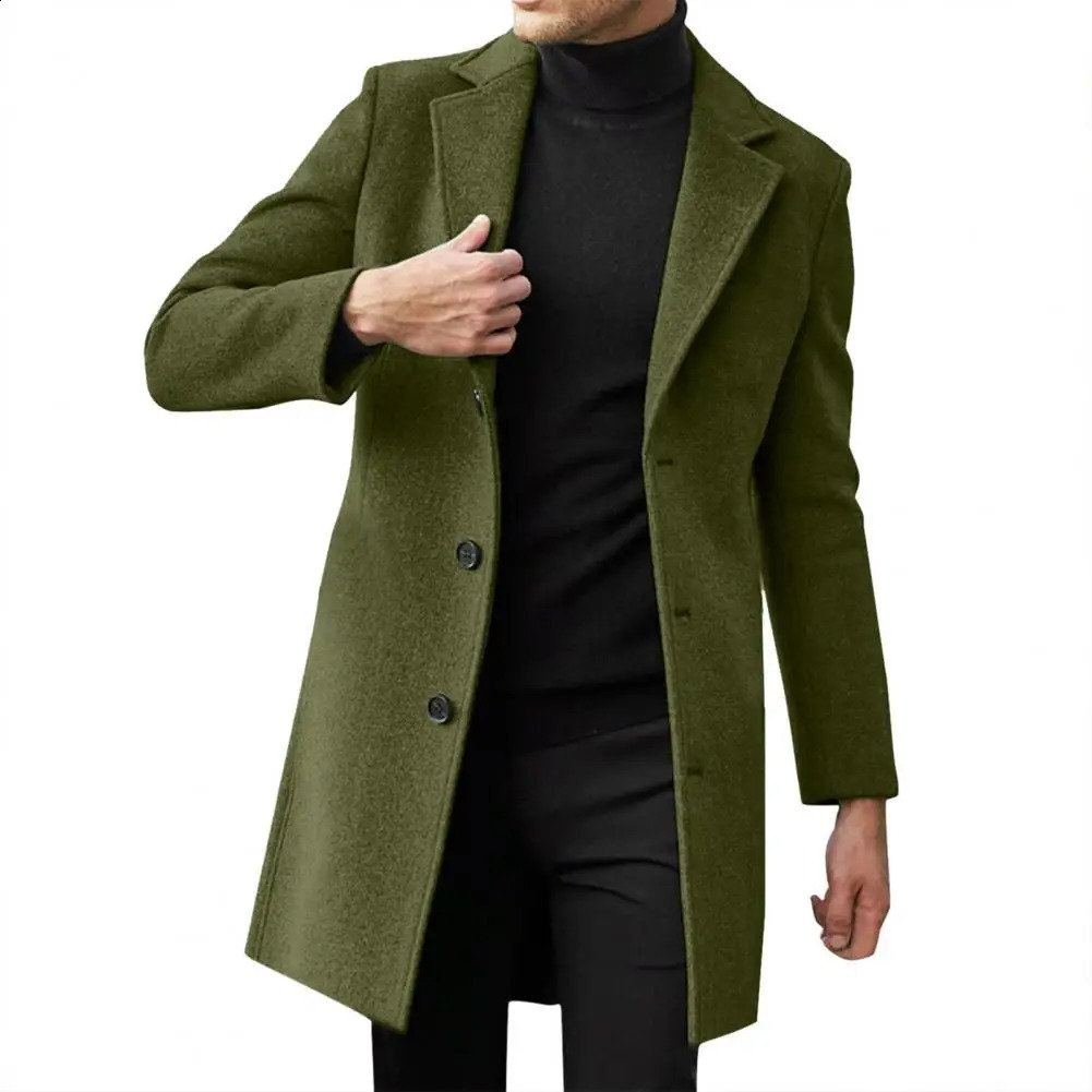 Winter mens wool coat collar long sleeved jacket single chest mid length solid color 241007