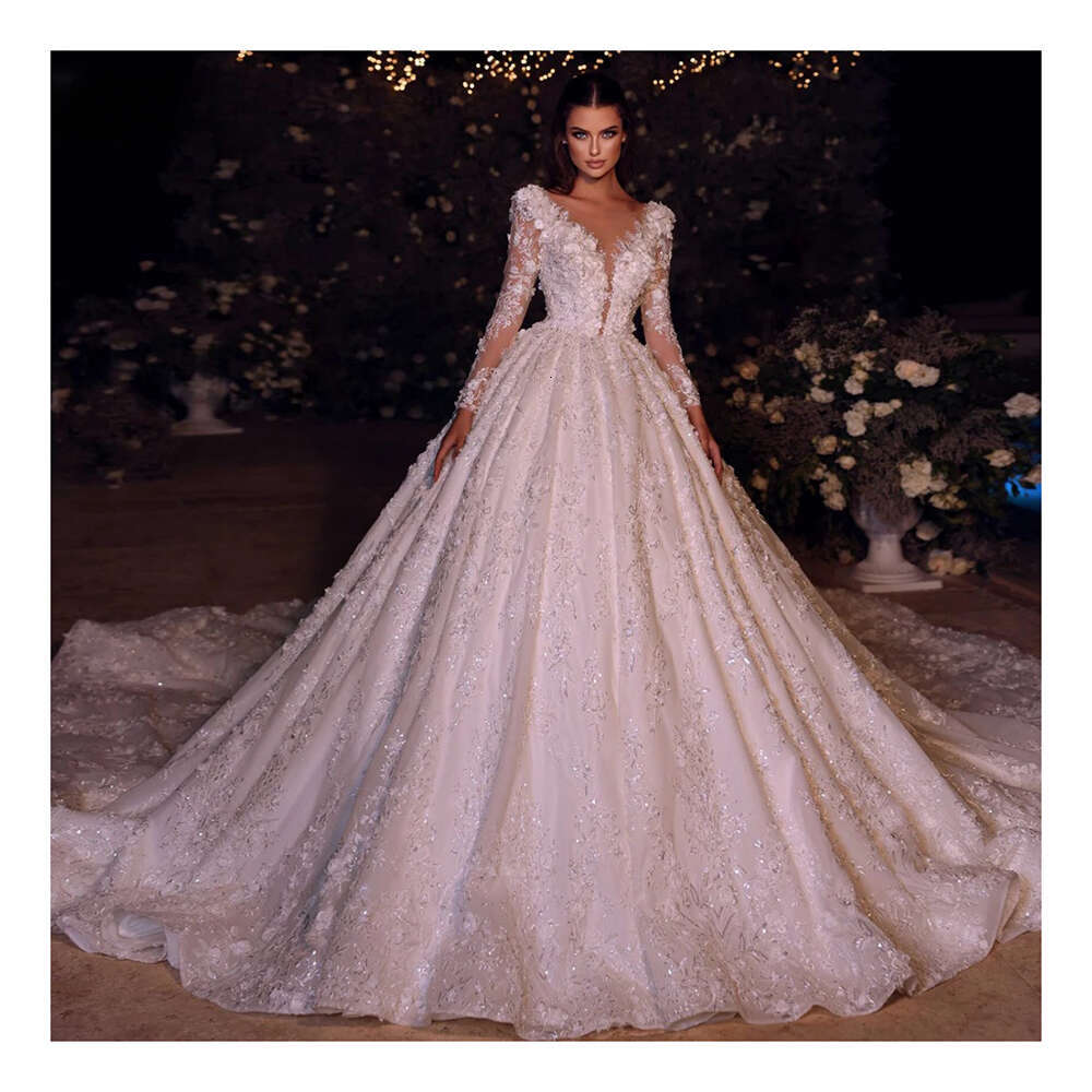 Gown Ball Wedding Dress Elegant V Neck Long Sleeved Lace Applique Beaded Bridal Gowns Custom Made Party Dresses s es