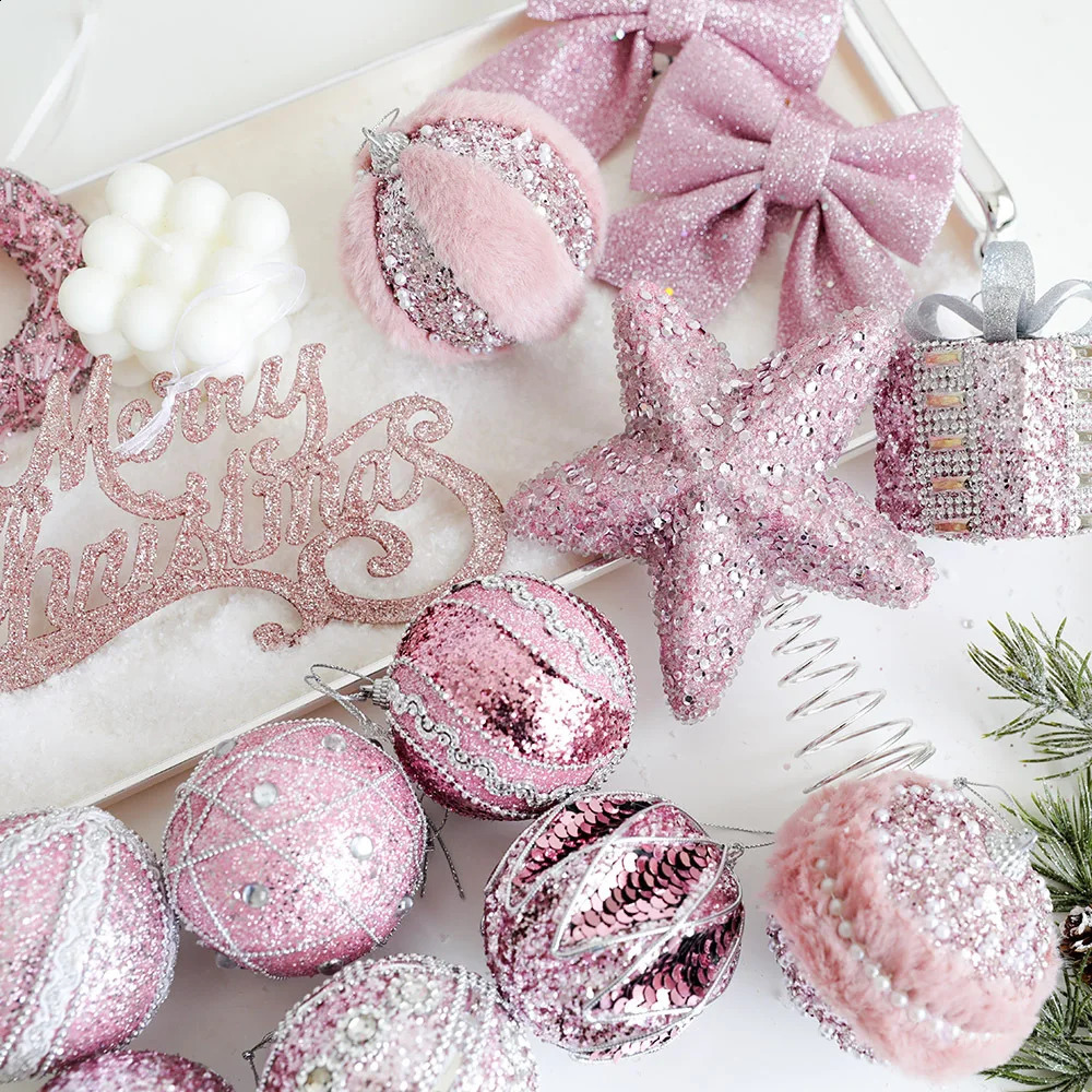 Christmas Tree Decoration Champagne Pink Sparkling Star Snowflake DIY Pendant Year Navigation Party 240927