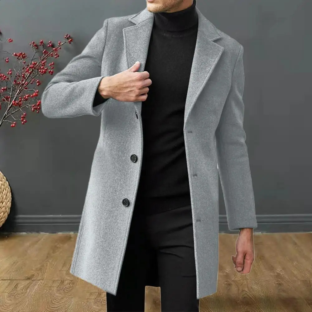 Winter mens wool coat collar long sleeved jacket single chest mid length solid color 241007