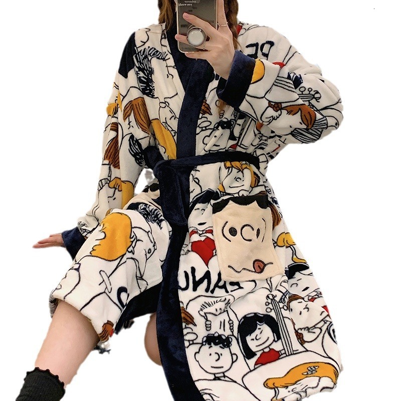 Designer Couple Nightgown Autumn And Winter Women's Sleepwear Thickened Coral Fleece 2024 New Cartoon Bathrobe Men's Home Wear