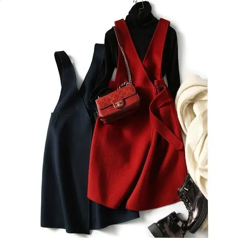Versatile solid color Vneck womens wool dress autumnwinter long with dark buckle strap 241007