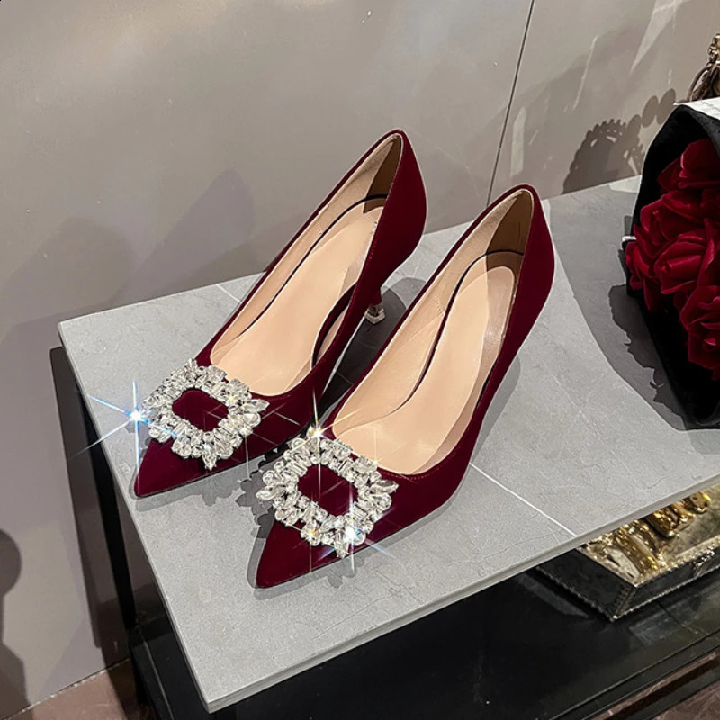 Suede Rhinestone High Heels Office Womens Shoes Pointed Toe Pumps Womens Stiletto High Heels Party Dress Shoes er Bridal Shoes 240925