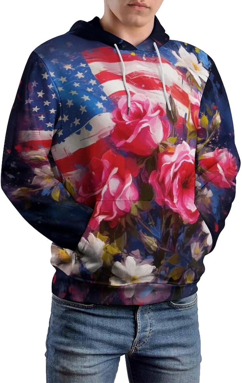 Hoodie for Mens Womens Unisex American Flag Hoodies 3D Printed Flower Pattern Hooded Hip Hop Fun Sweatshirt Hoodie Graphic Hoodies sweatshirt Comforta