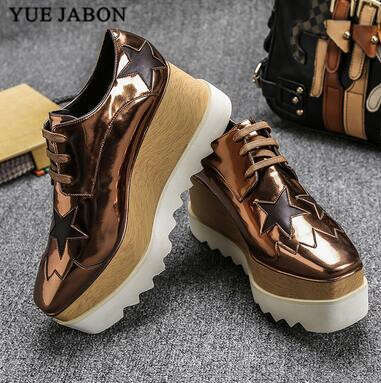 Stars Loafer Square Toe Lace-Up Thick Bottom Platform Wedge For Women Causal Sneakers Real Leather Shoes 2024