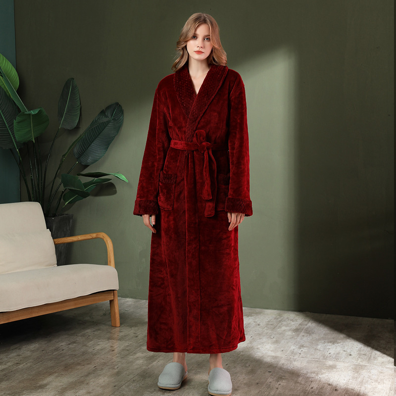 Designer's Winter Sleeping Flannel Couple Nightgown, Thickened Lengthened Men's Plus Size Bathrobe, Long And Simple Sleepwear For Women