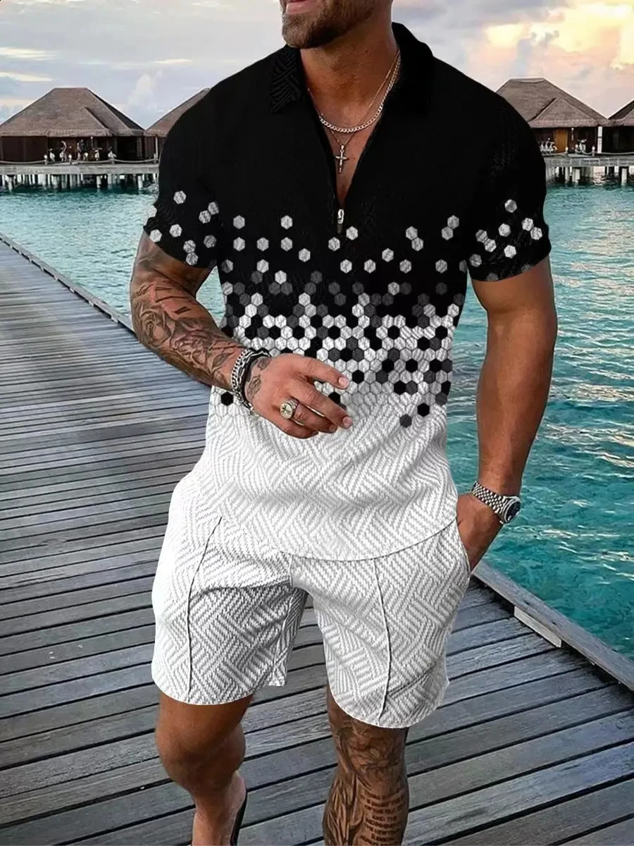 Retro 3D printed mens polo shirt set with zipper lapel polo shirt set with zipper necklace and shorts 2 pieces of Hawaiian holiday style mens sportswe