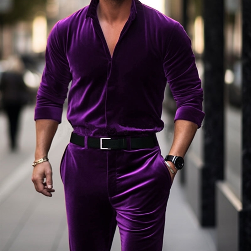 Mens business straight leg pocket shirt collar velvet jumpsuit 240930