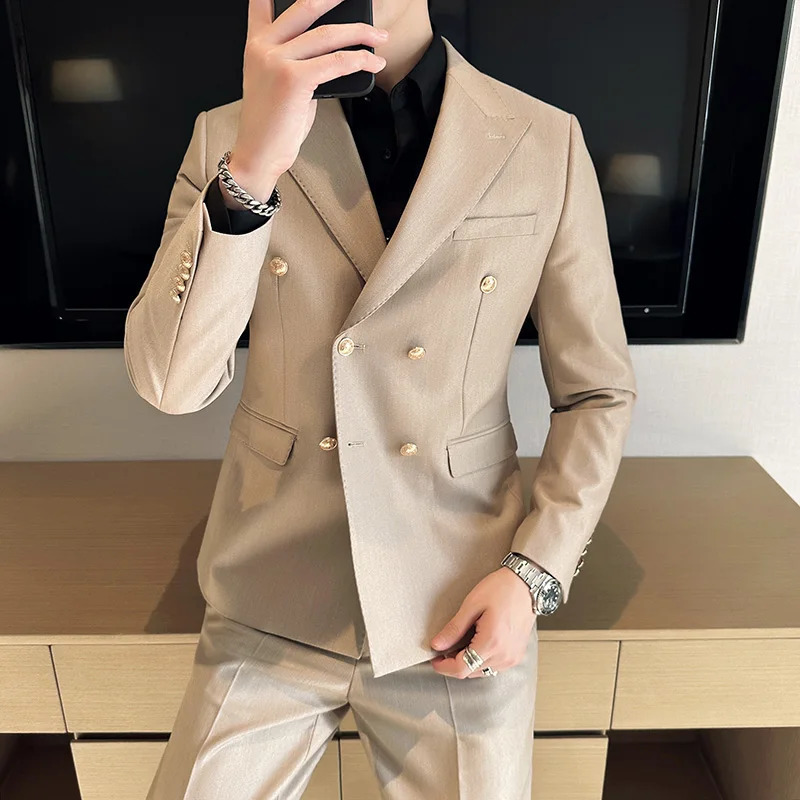 Style PioneerPants Mens Metal Fashion Business Double Layer Korean Leisure Gentleman Wedding Dress 2piece Set 240929