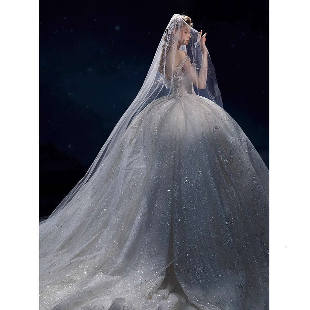 Fashion Elegant Tulle O Neck Wedding Delicate Lace D Decal Sequined Beaded Romantic Beautiful Princess Bride Dress ecal ress