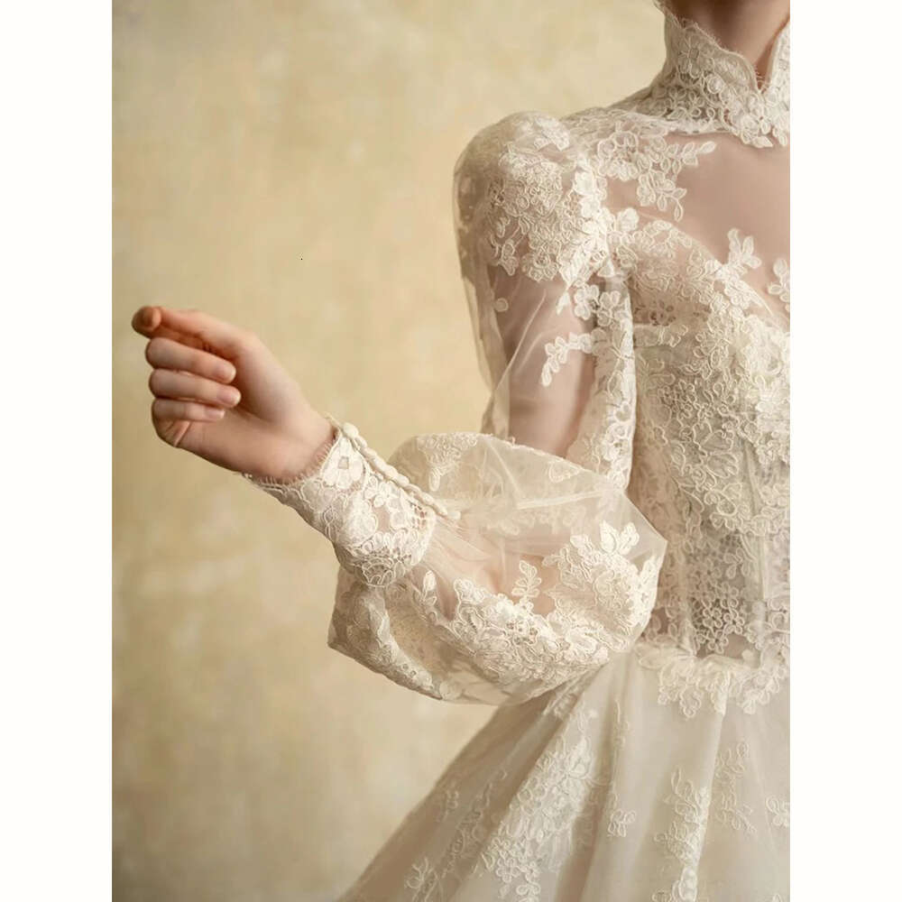A Elegant E Lace Wedding Dress With High Neck Lantern Sleeves Bridal Gown Custom Made Princess Bride Marriage Women Clothing 6660311