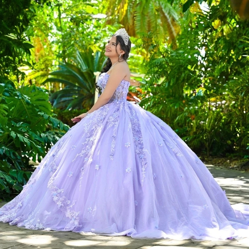 Lavender Lilac Off The Shoulder Quinceanera Dresses Birthday Party Lace Applique Beading Tull Mexican Sweet 16 Dress Vestidos De XV 15 Anos