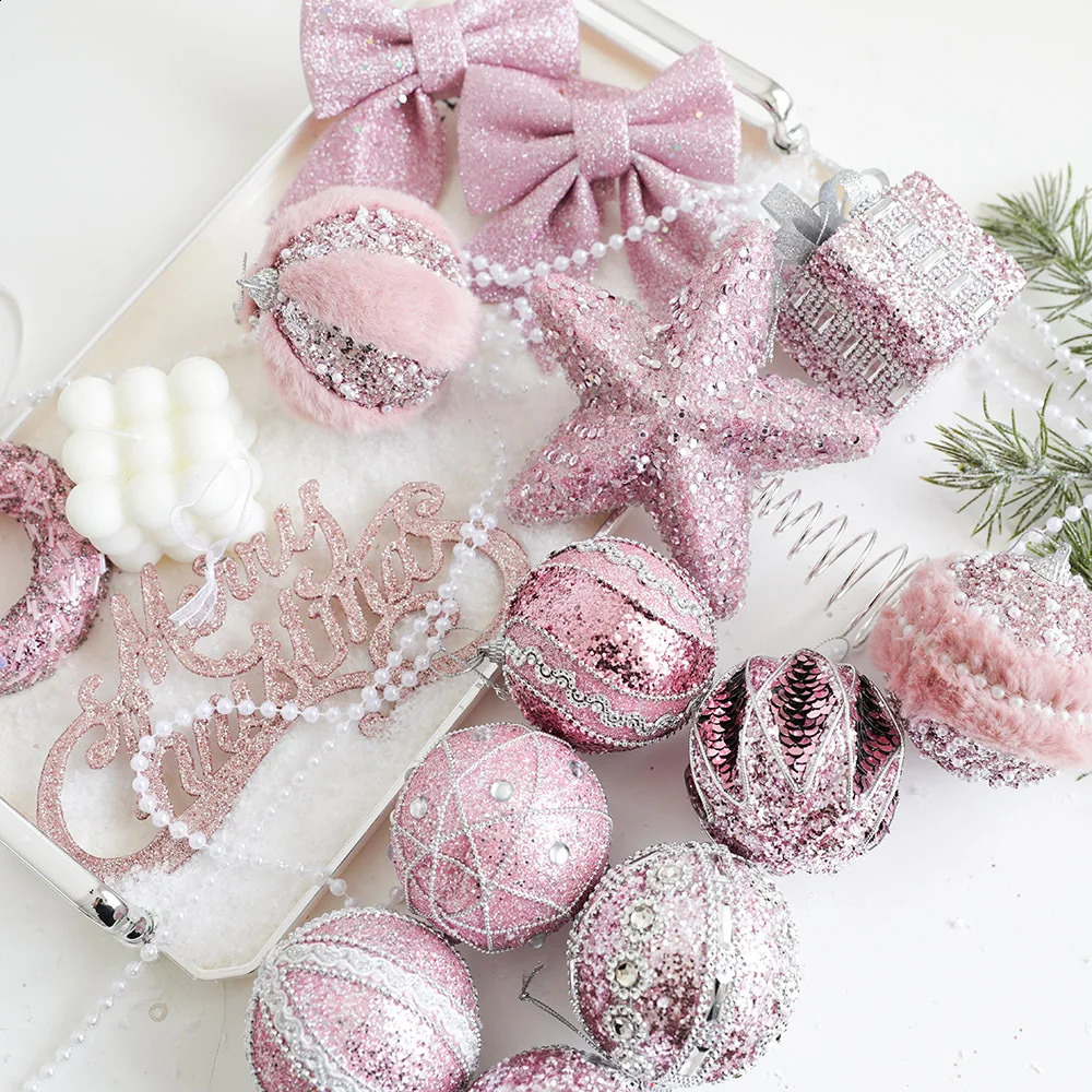 Christmas Tree Decoration Champagne Pink Sparkling Star Snowflake DIY Pendant Year Navigation Party 240927