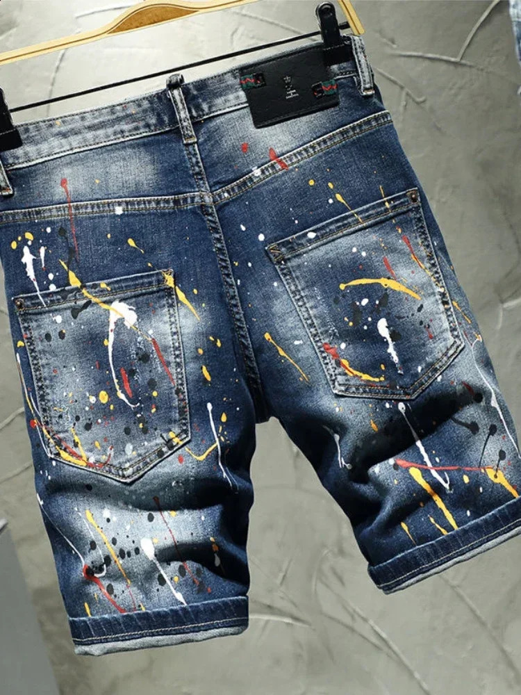 Mens short jeans with open collar and multi-color printed mens denim shorts denim retro button Korean fashion thin Xxxl for sale 241007