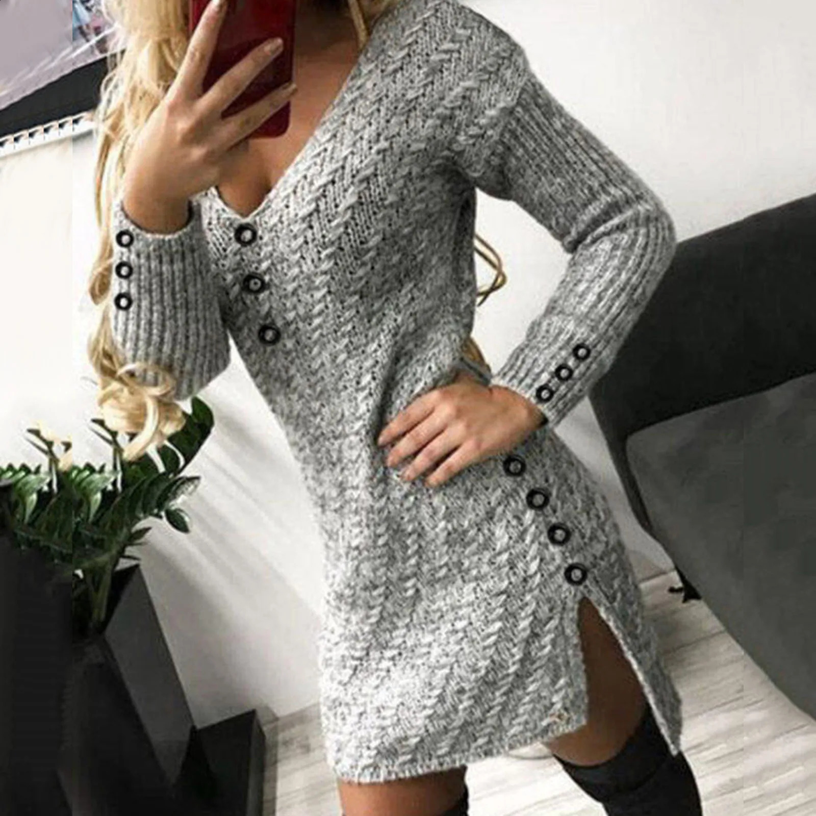 Womens Winter Sweater Dress Fashion Knitted Long Sleeve Floral Autumn Casual Top 241007