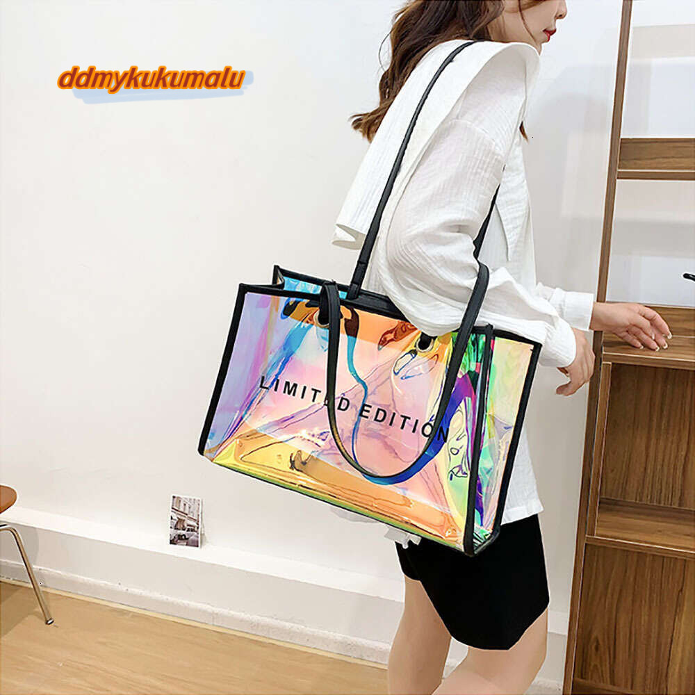 Fashion Women Clear Tote PVC Laser Waterproof Transparent Handbags Large Capacity Shoulder Bag Summer Beach Portable Bags H7.6#26 ddmykukumalu