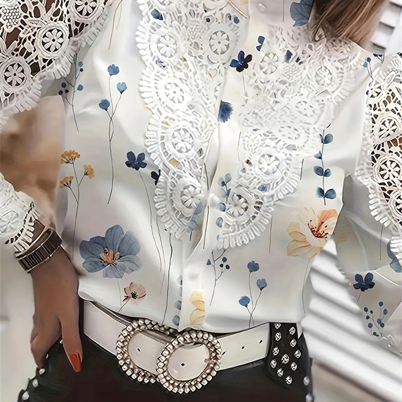 Shirts Elegant Office Ladies White Collared Lace Patchwork Hollow Out Button Up Womens Tops And Blouses 2024 Fashion Blouse y240930