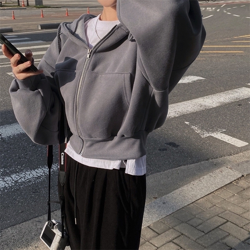 Women Autumn Winter Short Hooded Hoodies Solid Casual Streetwear Zip Up Sweatshirts Long Sleeve Loose Jackets Harajuku Y2K Tops 240930
