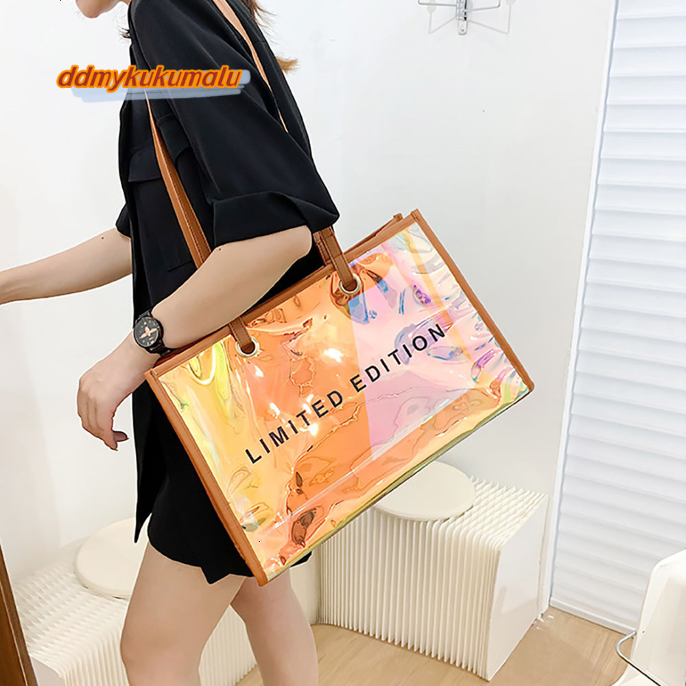 Fashion Women Clear Tote PVC Laser Waterproof Transparent Handbags Large Capacity Shoulder Bag Summer Beach Portable Bags H7.6#26 ddmykukumalu