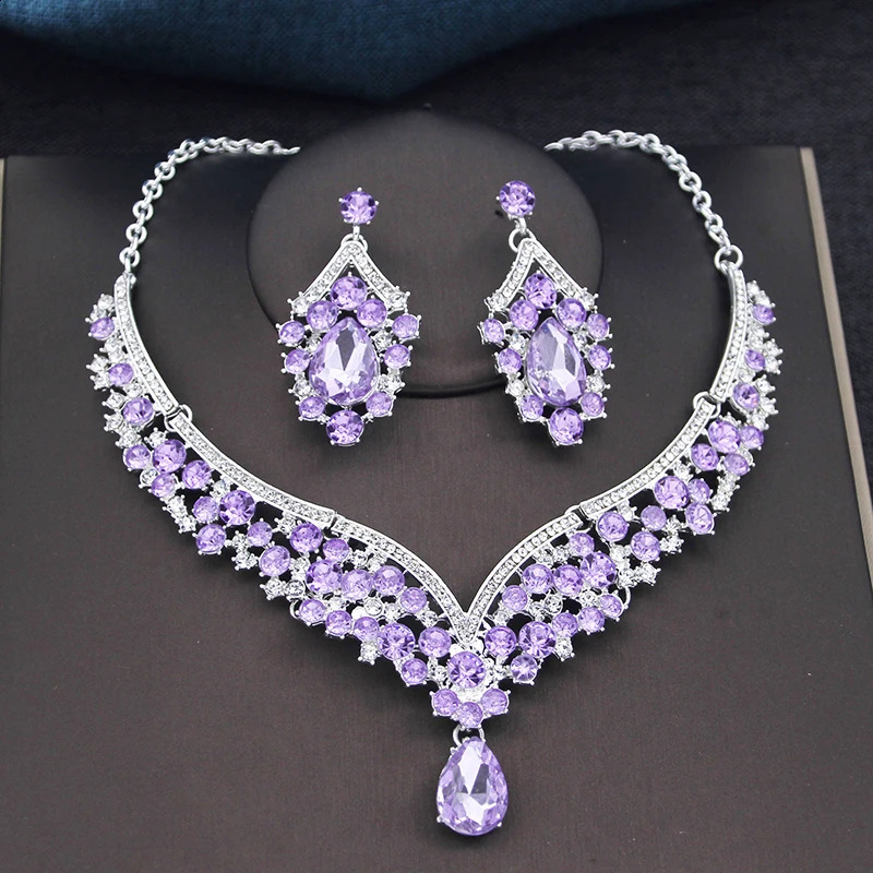 Fashion Womens Rhinestone Crystal Water Drop Necklace Earring Wedding Bridal Jewelry Set 241007 Z260313