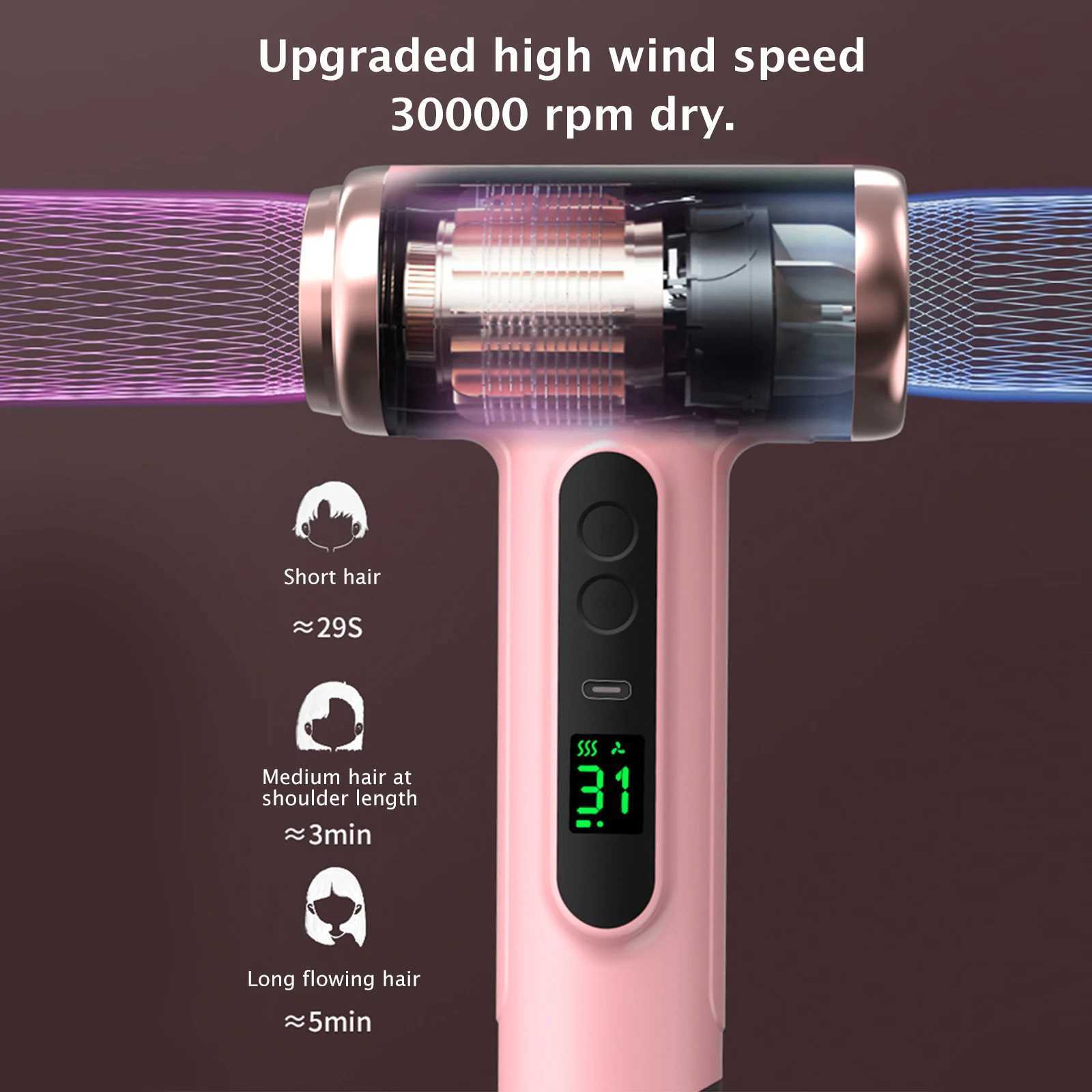 Handheld Wireless Hair Dryer USB Recharge Display Screen Cold Warm Wind Dryer for Dormitory/Travel Strong Wind Low Noise 3 GearsXJ241021