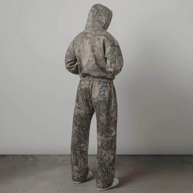 Vintage Streetwear Camouflage 2 Pieces American Harajuku Zipper Hoodie Y2K Pullover Baggy Casual Tracksuit Pants Wide Leg Pants 241007