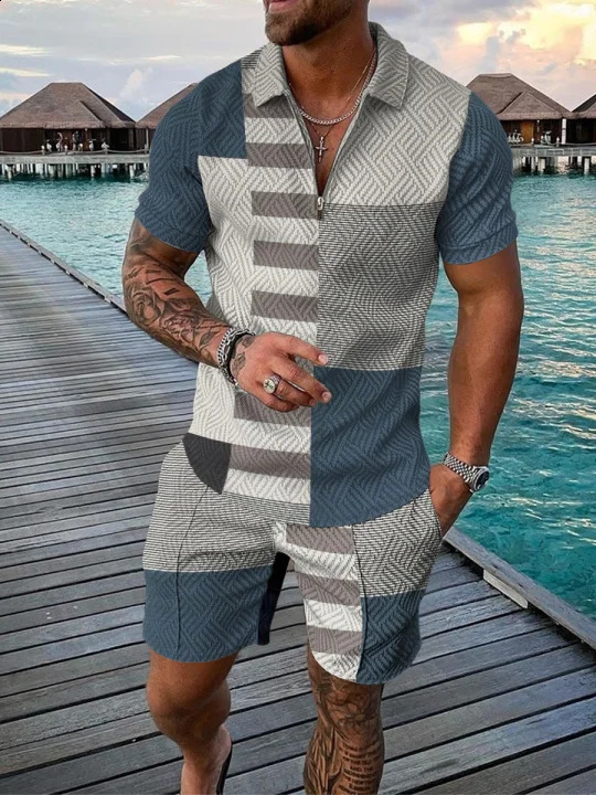 Summer trend plain printed mens track wear casual zipper collar polo shirt and shorts 2-piece set mens streetwear 240930
