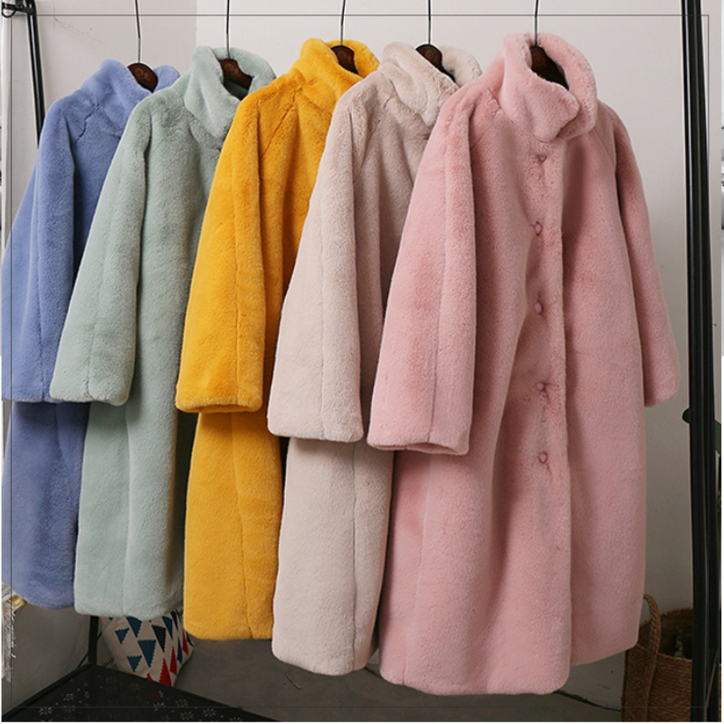 Long Faux Fur Coat For WomenV LapelV Fluffy JacketV TeddyV Single BreastedV Yellow Plush CoatsV 2024 Winter OvercoatsV Furry